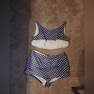 Vintage Navy Polka Dot Two-Piece Swim Set with White Ruffle Trim